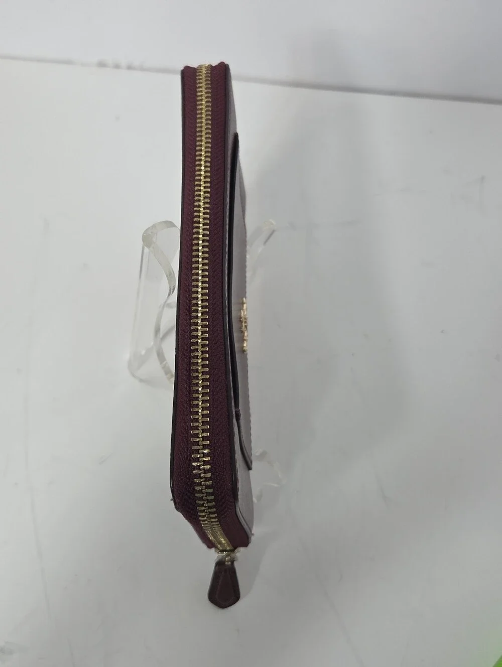 coach f54007 accordian zip around wallet metallic cherry wine front card pocket